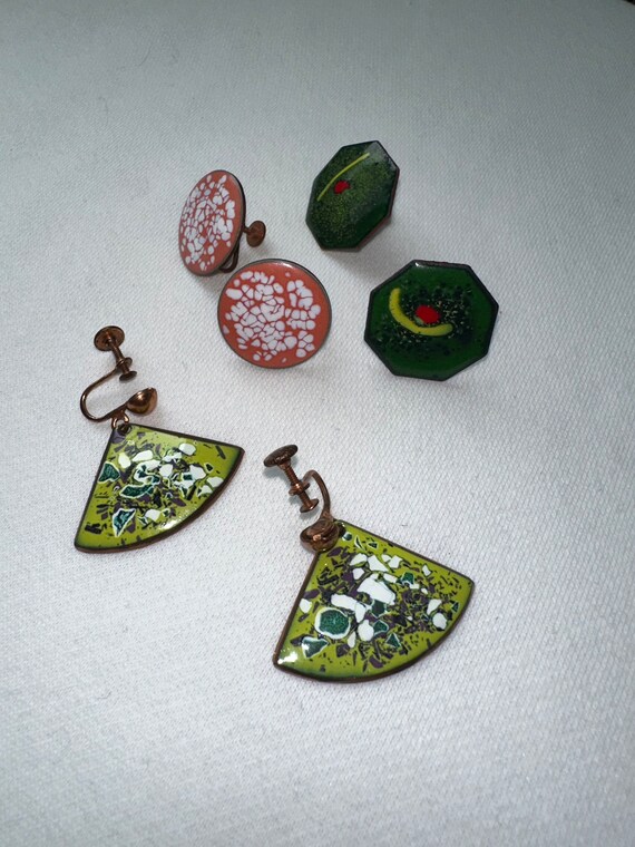 Lot of 3 screw back enamel copper earrings