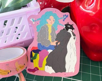 Sticker fille et chien, cadeau pour les amoureux des chiens, adorable illustration