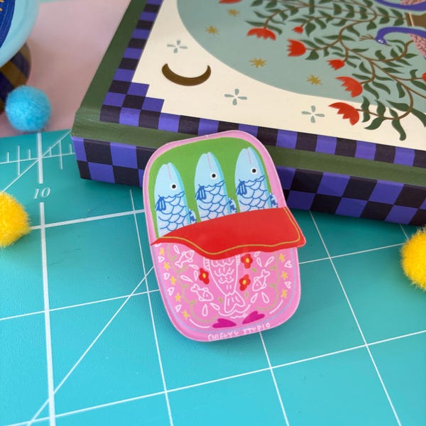 Sardine Can Acrylic Pin, Fish Pin Badge, Seafood Lover Gift, Kawaii Animal Accessory