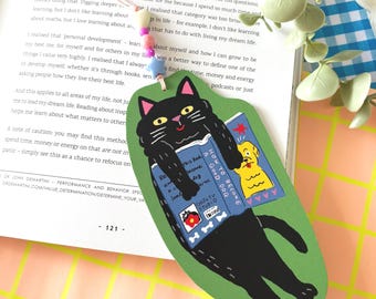 Marque-page chat noir – Cadeau de lecture recto-verso