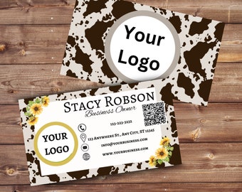 Cow Print Sunflowers Double Sided Business Card , QR Code