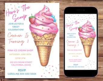 Ice Cream Birthday Invitation Ice cream social Party Here's the Scoop Pink Purple Girl Birthday Printable Editable Evite Digital Download