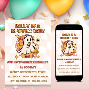 Editable Retro Spooky One Halloween Ghost 1st Birthday Party Invitation Cute Ghost 1st Birthday Spooktacular 1st Birthday Instant Download