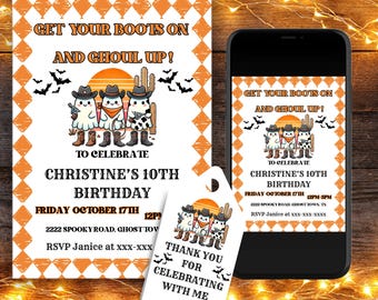 Western Geister Halloween Retro Geburtstagseinladung, Gruseliger Geburtstag Vorlage, Halloween Geburtstag druckbare Vorlage mit Dankeschön Tags