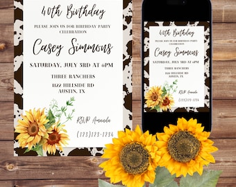 Country Birthday Invitation With Cowhide And Sunflowers, Cowgirl Birthday Invitation For Printing And Digital Sending!