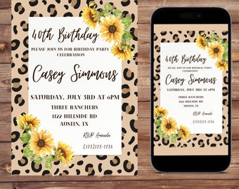 Editable Leopard Print Sunflower 40th Birthday Any Age Birthday Invitation Template For Leopard Print Digital Invite With Sunflowers