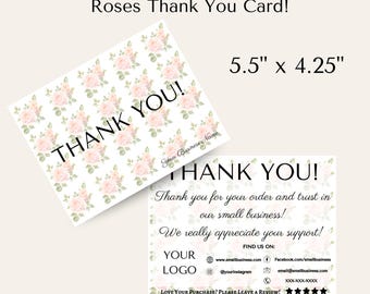 Romantic Watercolor Rose Thank You Card Template Editable Canva Design Floral Business Insert Small Business Printable Instant Download