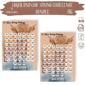 May include: Two printable 52-week savings challenge charts featuring Highland cows. The charts are designed to help you save money over the course of a year. The first chart has a total savings goal of $2,704, while the second chart has a total savings goal of $2,750.