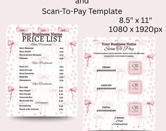 Editable  Printable Price List & Scan-To-Pay Template Digital Business Signage for Small Business Pink Bow Canva Template for Beauty Salons