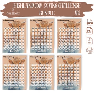 May include: A printable Highland Cow Savings Challenge bundle with 32 different challenges. Each challenge features a watercolor illustration of a Highland Cow and a grid of circles to track savings goals. The challenges include saving $45, $50, $55, $60, $65, and $70 per week.