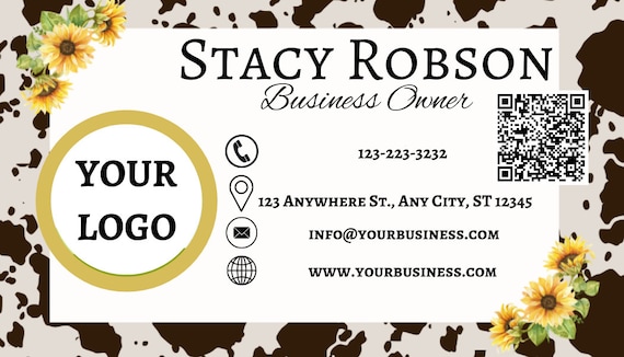 Cow Print Sunflowers Double Sided Business Card , QR Code