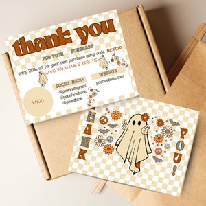 Bearbeitbares Boho Retro Halloween Dankeschön Kartenvorlage, bearbeitbares Groovy Gespenst Dankeschön, Beipackzettel Karte, 70er Jahre Hippie Blumig Dankeschön