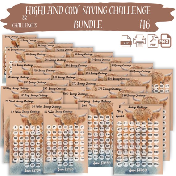 PRINTABLE  A6 Highland Cow Money Saving Challenge, Savings Tracker Bundle, Envelope Challenge, Money Saving Challenge Printable