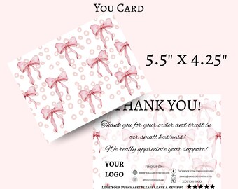 Editable Thank You Card Double Sided Template Digital Business Thank You Card  Pink Bow Printable Canva Template for Small Business Owners