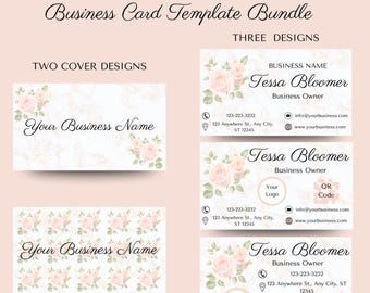 Pink Rose Marble Design Feminine Business Card Template Editable Business Card with Logo  QR Code Small Business Branding Instant Download