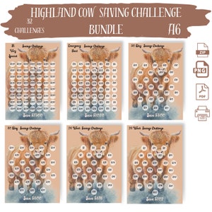 May include: A printable Highland Cow savings challenge bundle with 32 different challenges. The challenges include a 30-day savings challenge, a 26-week savings challenge, and an emergency fund savings challenge. The challenges are designed to help you save money and reach your financial goals.