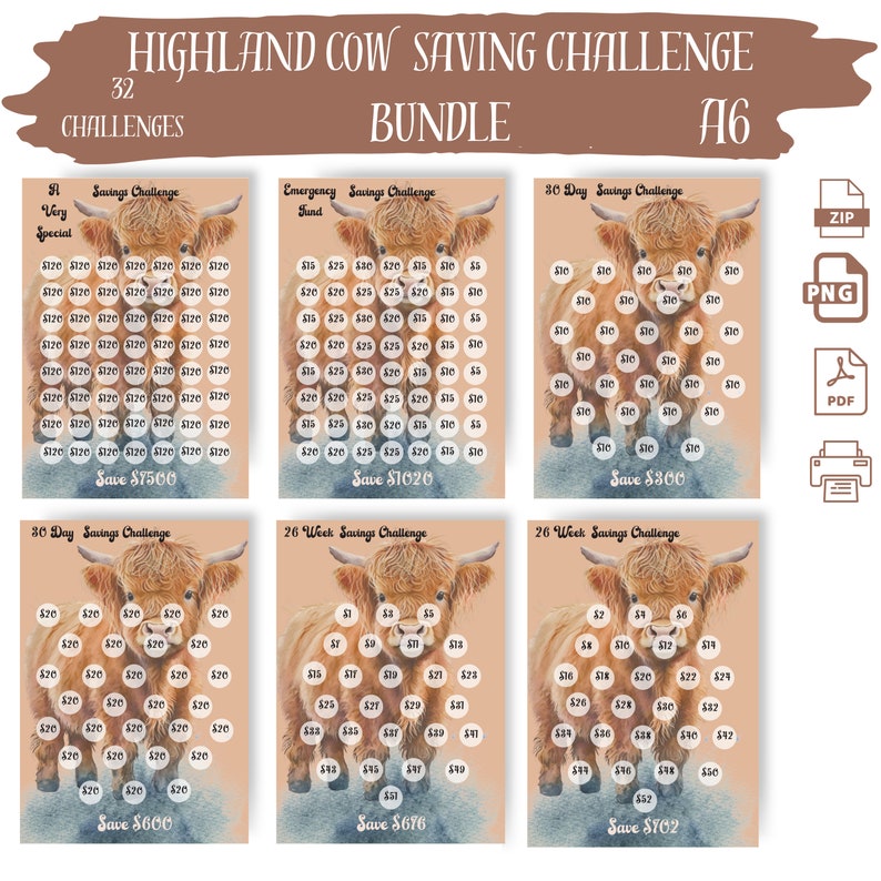 May include: A printable Highland Cow savings challenge bundle with 32 different challenges. The challenges include a 30-day savings challenge, a 26-week savings challenge, and an emergency fund savings challenge. The challenges are designed to help you save money and reach your financial goals.