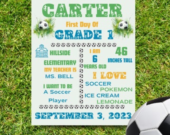 Editable Soccer First Day of School Printable Back to School Sign, Stats Details Keepsake, Back to School Digital File, THREE SIZES