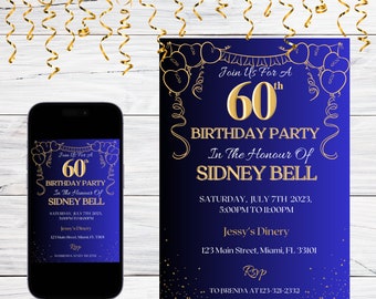 Editable 60th Birthday Invitation Digital Template, Any Age, Dark Blue And  Gold Invitation For Men, Birthday Invitation Template For Ladies