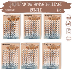 May include: A set of six printable Highland Cow saving challenge charts. Each chart features a watercolor illustration of a Highland Cow and a grid of circles with dollar amounts. The charts include $1, $2, $4, $5, $7, and $10 savings challenges. The total amount saved for each chart is listed below the grid.