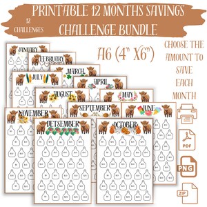 Printable Highland Cow 500 Monthly Savings Challenge, Mini Savings Challenge Bundle,  A6 Saving Tracker, Save 6000 in 12 months