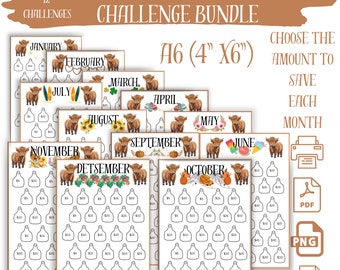 Printable Highland Cow 500 Monthly Savings Challenge, Mini Savings Challenge Bundle,  A6 Saving Tracker, Save 6000 in 12 months
