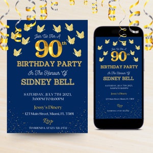Modello digitale modificabile di invito per il 90° compleanno con farfalle dorate, qualsiasi età, blu scuro e oro, modello di invito di compleanno per donne