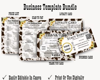 Western Cowprint Business Template Bundle Editable Canva Templates with Sunflowers Price List Business Kit Instant Download