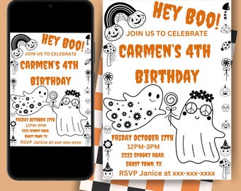 Editable Retro Halloween Birthday Invitation, Spooky Coloring Halloween Invitation, Printable Invitation, Halloween Template, Minimalistic