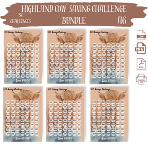 May include: A set of six printable Highland Cow savings challenge charts. Each chart features a watercolor illustration of a Highland Cow and a grid of circles with dollar amounts. The charts include savings challenges for $5, $8, $10, $15, $20, and $25.