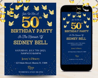 Editable Golden Butterflies 50th Birthday Invitation Digital Template, Any Age, Dark Blue And  Gold, Birthday Invitation Template For Ladies