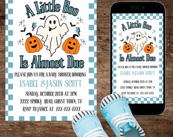 Groovy Ghost And Pumpkins Halloween Blue Baby Boy Shower Invitation, Little Boo Spooky Baby Shower Invite, Retro Digital Editable Template