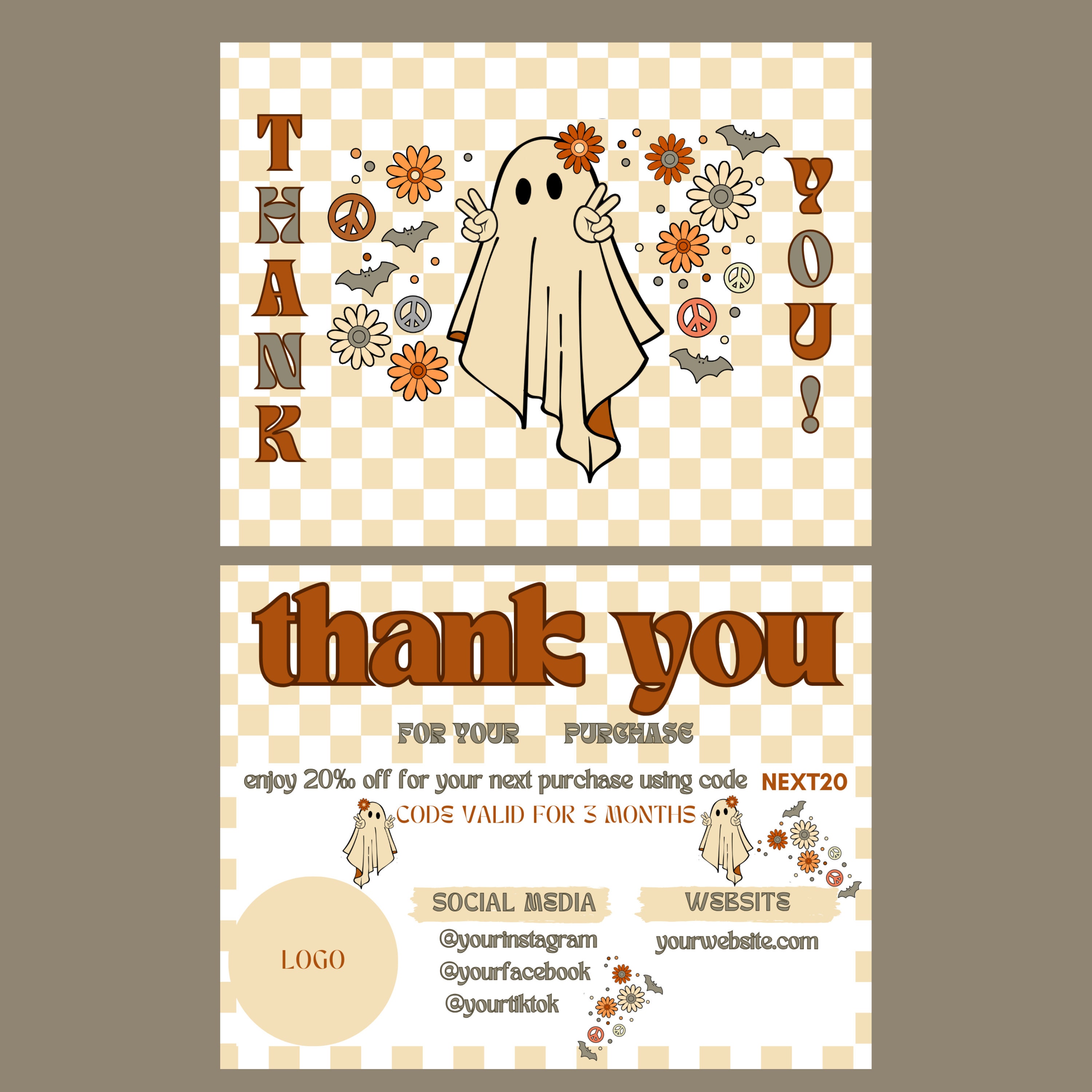 Editable Boho Retro Halloween Thank You Card Template, Editable Groovy ...