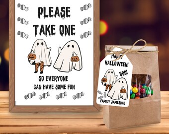 Printable Trick or Treat Sign With Editable Treat Bag Tag, Editable template, Please Take One Sign, Halloween Printable, Flavor Bag Tag