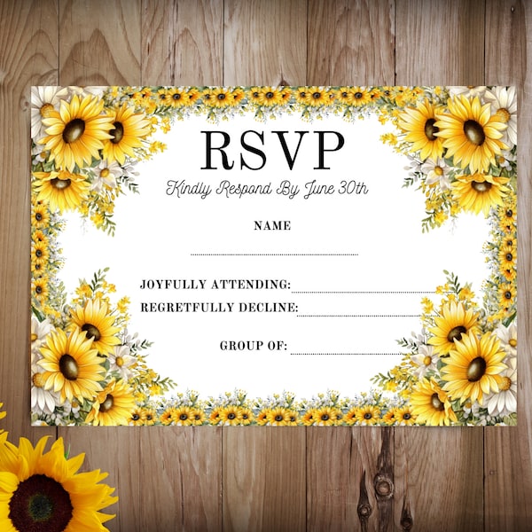 EDITABLE Sunflowers Wedding RSVP Card, Country Wedding Insert Template, Country Sunflower Wedding Card, Wedding Response Card