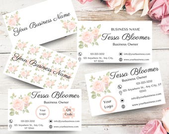 Feminine Business Card Template Bundle Pink Rose Editable Floral Logo QR Code Design Beauty Salon Boutique Instant Download Business Card
