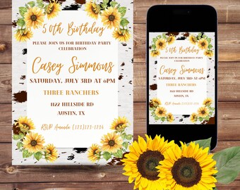 Cowhide And Sunflowers 50th Birthday Invitation, Cowgirl Country Birthday Invitation For Printing And Digital Sending!