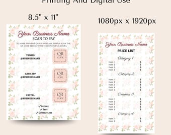 Romantic Light Pink Watercolor Rose Price List & Scan to Pay Template Editable Canva Design Floral Small Biz Sign Bundle Instant Download