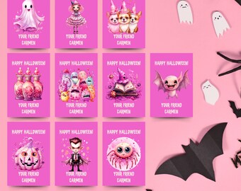 Pink Halloween Favor Tags Template Bundle 10 Gift Tags Halloween Favors Label Halloween Kids School Tag Editable Printable Download Digital