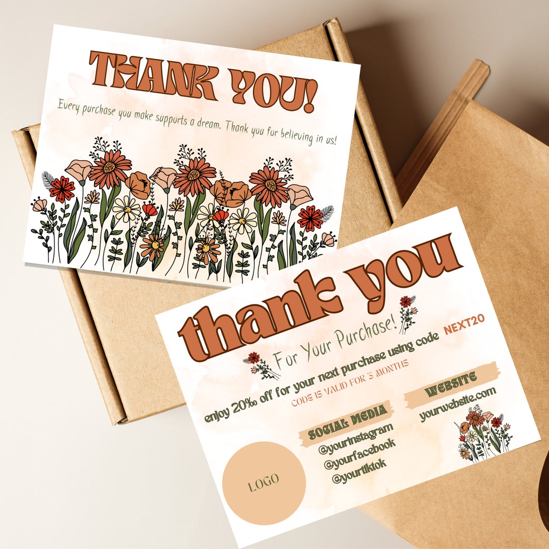 Boho Retro Thank You Card Template, Editable Groovy Wildflower Flower ...