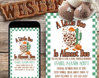 Editable Retro Western A Little Boo Is Almost Due Baby Shower Invitation Template, Groovy Roping Ghost, Cow Print Baby Shower Invite