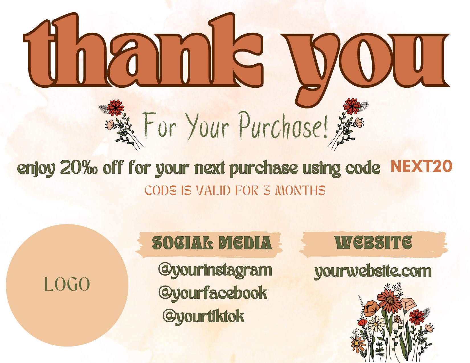 Boho Retro Thank You Card Template, Editable Groovy Wildflower Flower ...