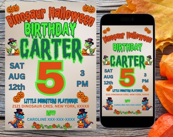 Halloween Dinosaur Birthday Invitation Template, Dinosaur Invitation, 5th Birthday, Halloween Birthday, Boy  Birthday, Digital Template