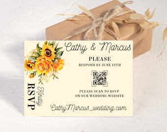 Sunflower Wedding RSVP Card , Country Wedding Invitation, Wedding Response Card, QR Code RSVP Card, Editable Template