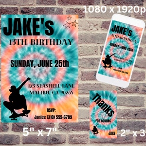 Tye Dye Skateboard Birthday Invitation Template For Boys Birthday Invitation For Teenagers Birthday Bundle