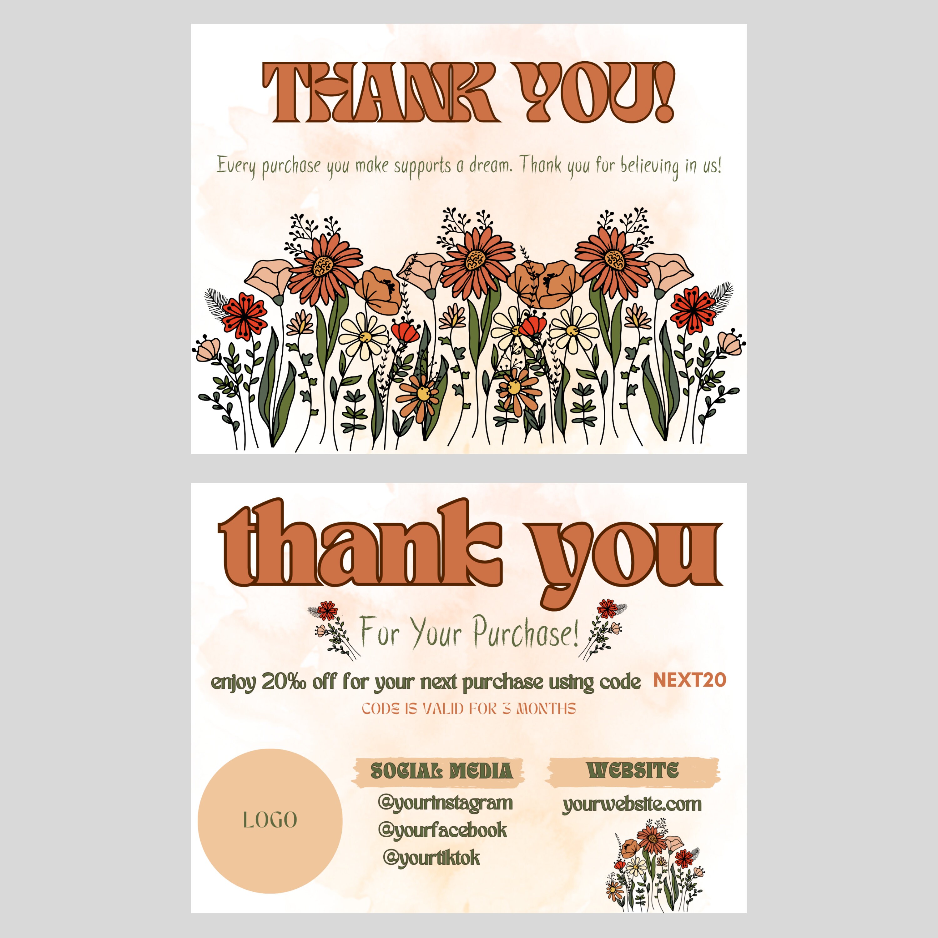 Boho Retro Thank You Card Template, Editable Groovy Wildflower Flower ...