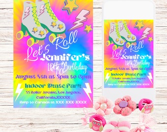 May include: A colorful invitation for a 10th birthday party with a tie-dye background and a pair of roller skates. The invitation says "Let's Roll Jennifer's 10th Birthday" and includes the date, time, and location of the party. The invitation also includes a phone number to RSVP.