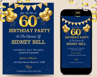 Editable Golden Balloons 60th Birthday Invitation Digital Template, Dark Blue And  Gold, Birthday Invitation Template For Ladies And Men