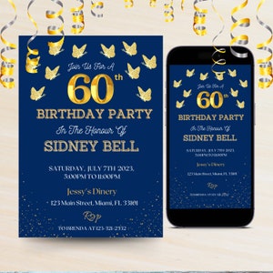 Modello digitale modificabile di invito per il 60° compleanno con farfalle dorate, qualsiasi età, blu scuro e oro, modello di invito di compleanno per donne