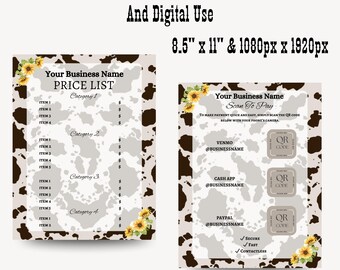 Editable Price List And Scan to Pay Sign Template Cowprint Sunflower Instant Download Western Business Signage For Markets